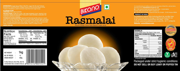 Bikano by Bikanervala Rasmalai, 1kg (2.2lbs)
