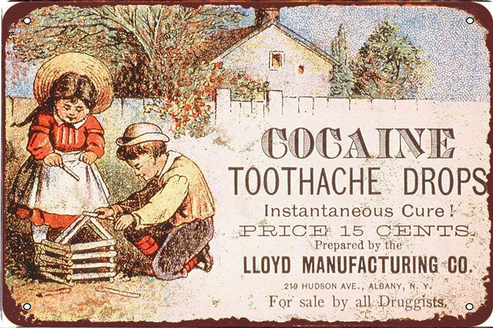 BMS BIZ - Cocaine Toothache Drops Advertising Metal 8 x 12 Tin Sign