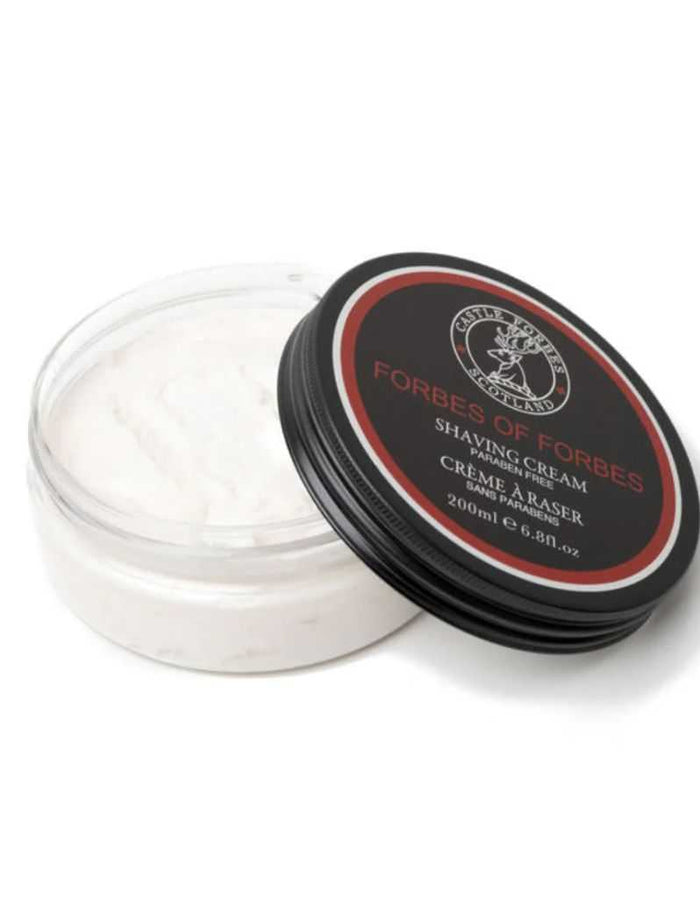 Open Forbes of Forbes Shaving Cream jar showing creamy texture
