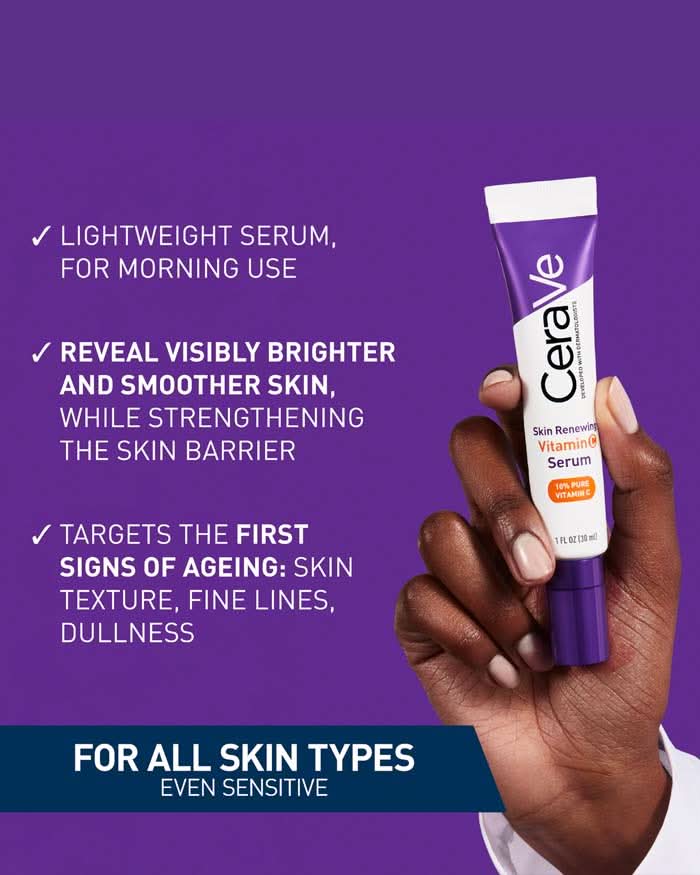 CeraVe Skin Renewing Vitamin C Serum 30ml tube held in hand on purple background, text reads "For All Skin Types Even Sensitive"