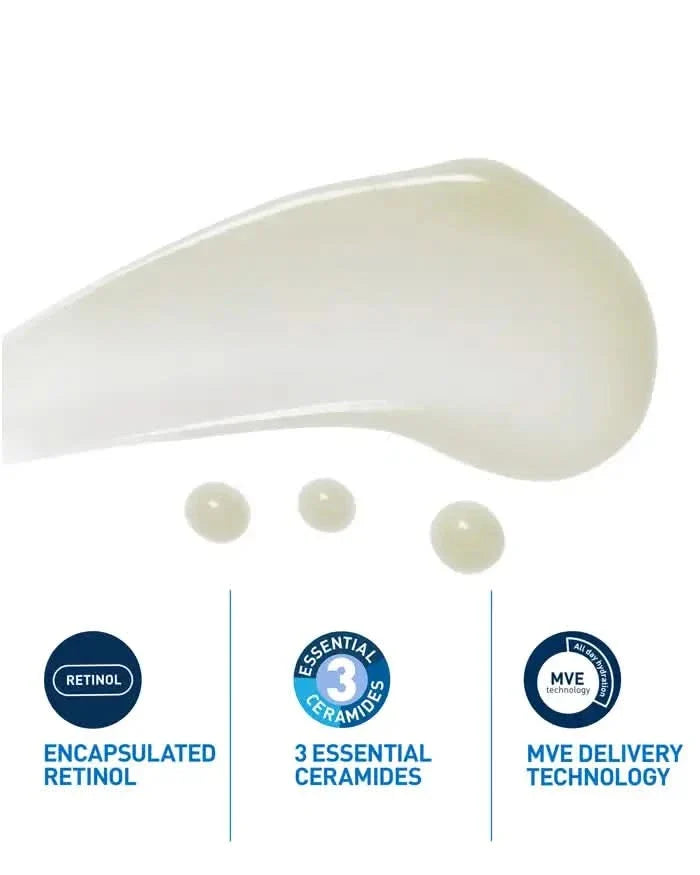 CeraVe Skin Renewing Retinol Serum texture smear on white background, with icons for Encapsulated Retinol, 3 Essential Ceramides, MVE Delivery Technology.