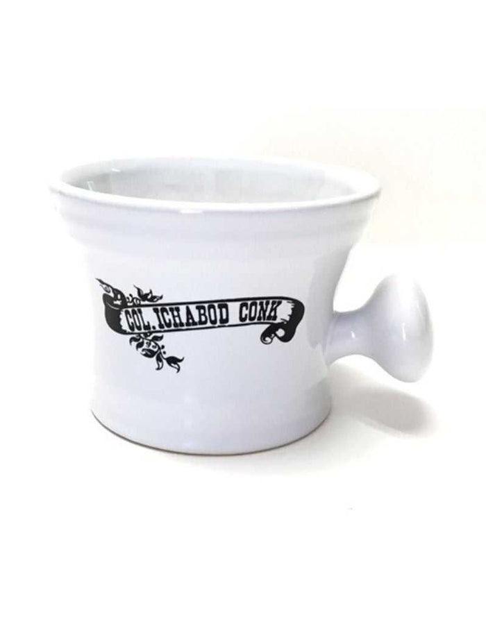 White ceramic apothecary shave mug with logo and handle