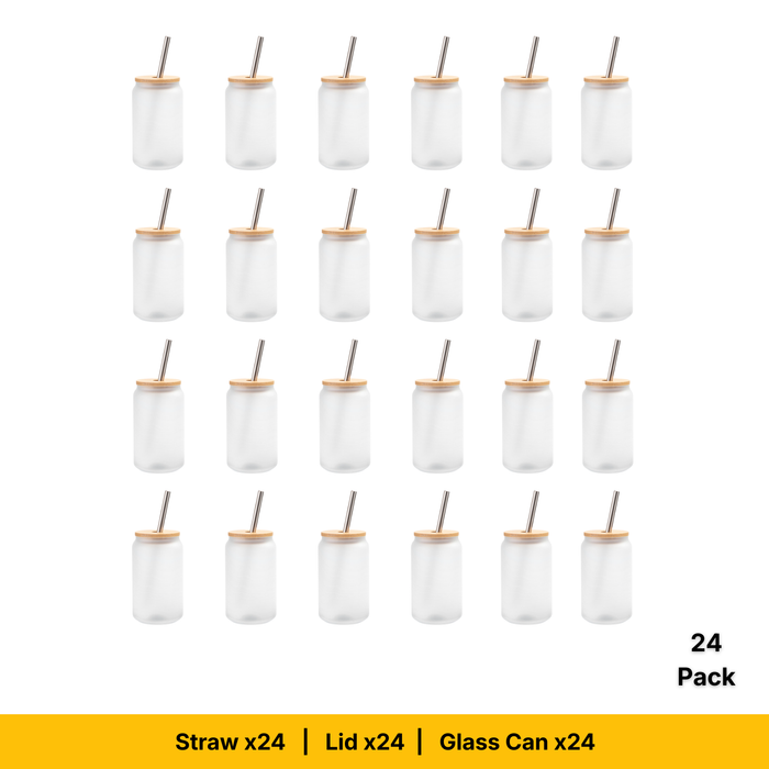 Craft Express 18oz Frosted Glass Sublimation Cans with Bamboo Lids and Glass Straws
