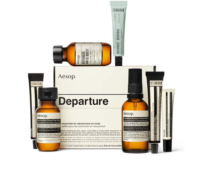 Aesop Departure travel kit with seven travel-sized essentials with the box