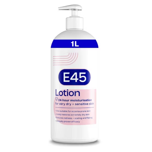 E45 Moisturising Lotion 1L pump bottle, white with blue band, labelled "24-hour moisturisation for very dry + sensitive skin", on white background.