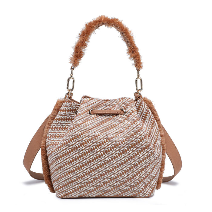 Fringed woven bucket bag with chevron texture and drawstring detail wholesale