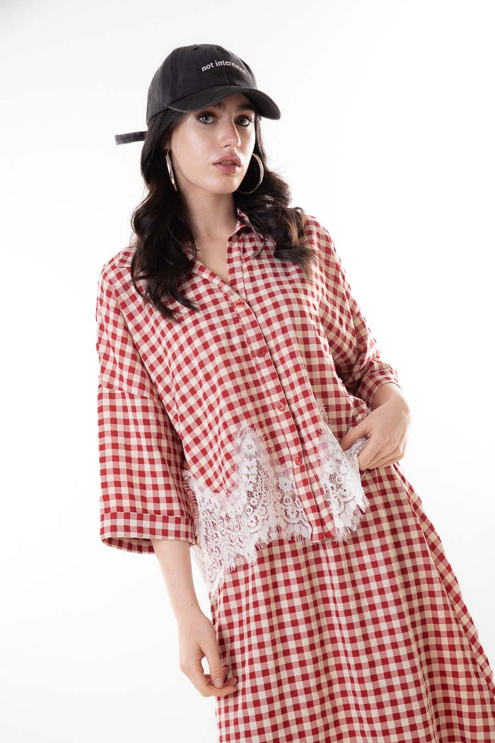 Gingham check lace trim button down blouse wholesale