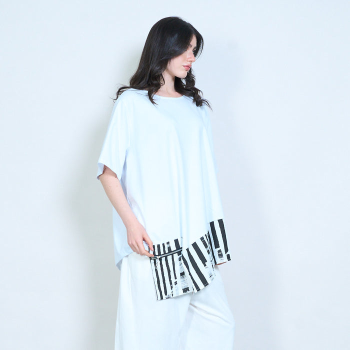 Layered contrast striped hem round neck loose fit oversized tunic top wholesale
