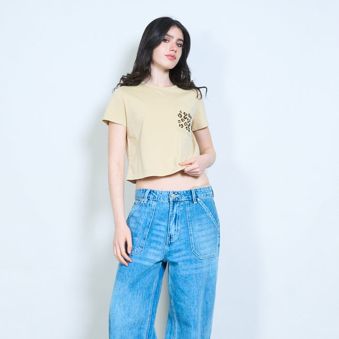 Leopard print pocket cropped cotton t-shirt wholesale