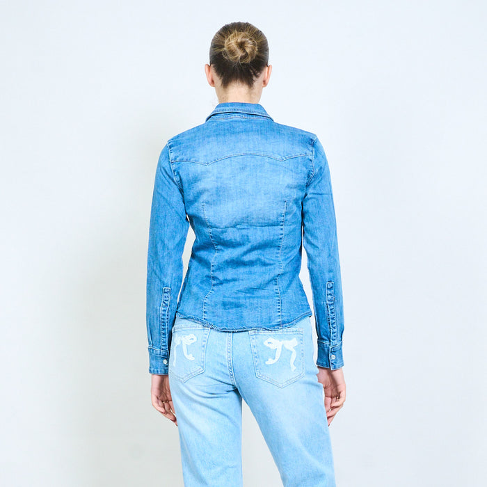 Mid wash denim fitted snap button shirt jacket wholesale