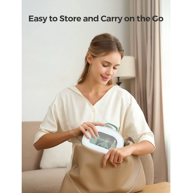 Momcozy All-in-1 Core Baby Kit being placed in a tan tote bag by a woman, white background, text reads "Easy to Store and Carry on the Go"