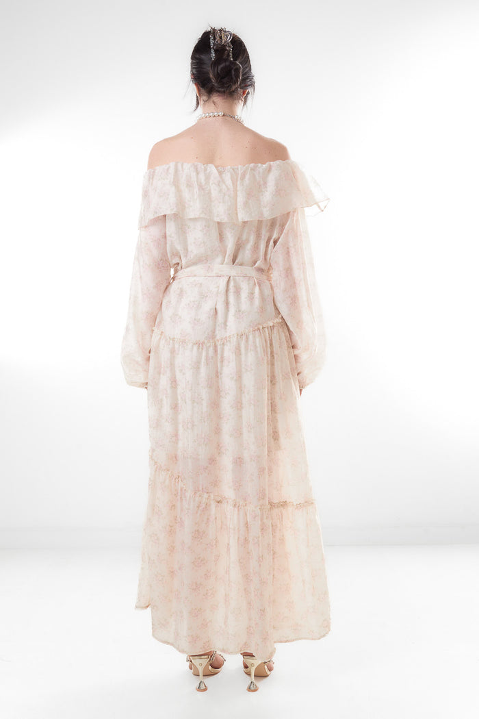 Off shoulder floral print ruffle belted maxi dress wholesale