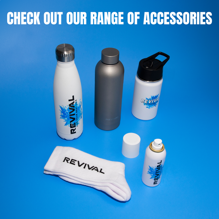 Revival Kids Stainless Steel Water Bottle range on blue background with socks and small bottle, text reads "Check Out Our Range Of Accessories"