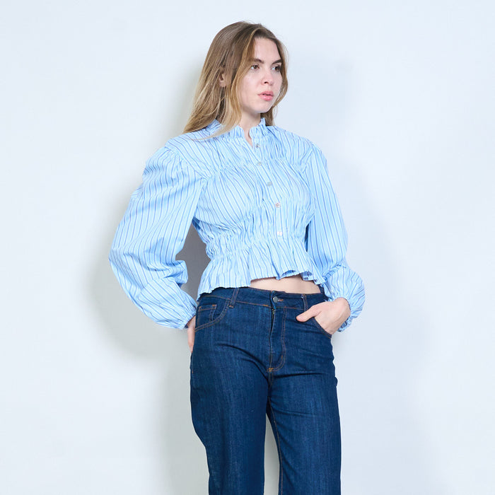 Ruffle collar cropped blouse with striped pattern wholesale