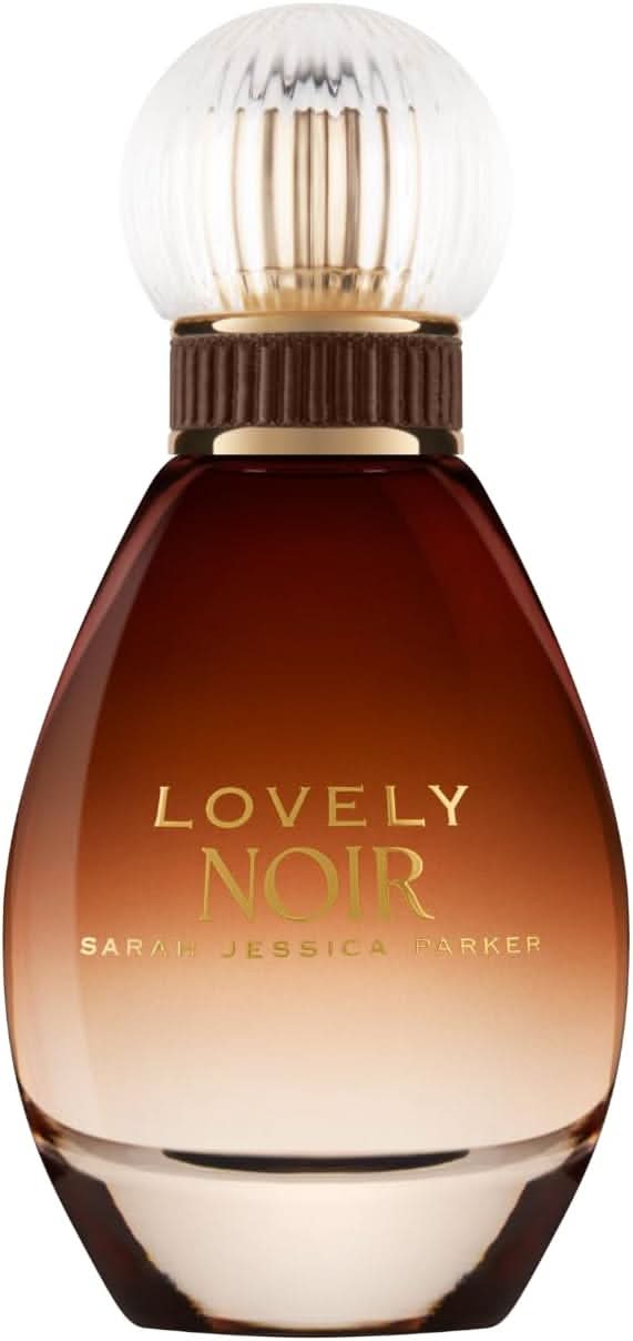 Sarah Jessica Parker Lovely Noir Eau de Parfum bottle in deep amber glass with round ribbed cap on white background