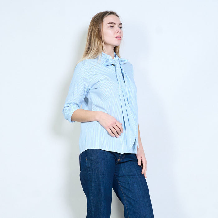 Striped bow tie neck flowy relaxed fit blouse wholesale