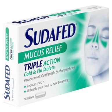 Sudafed Mucus Relief Triple Action Cold and Flu 16 Tablets