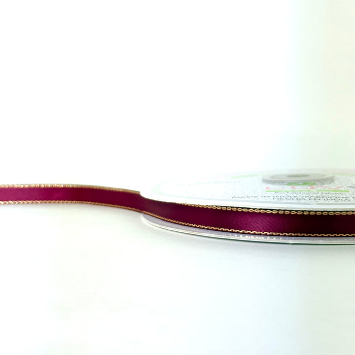 3/8" Double Face Satin Ribbon with Gold Edge Burgundy 50 Yards