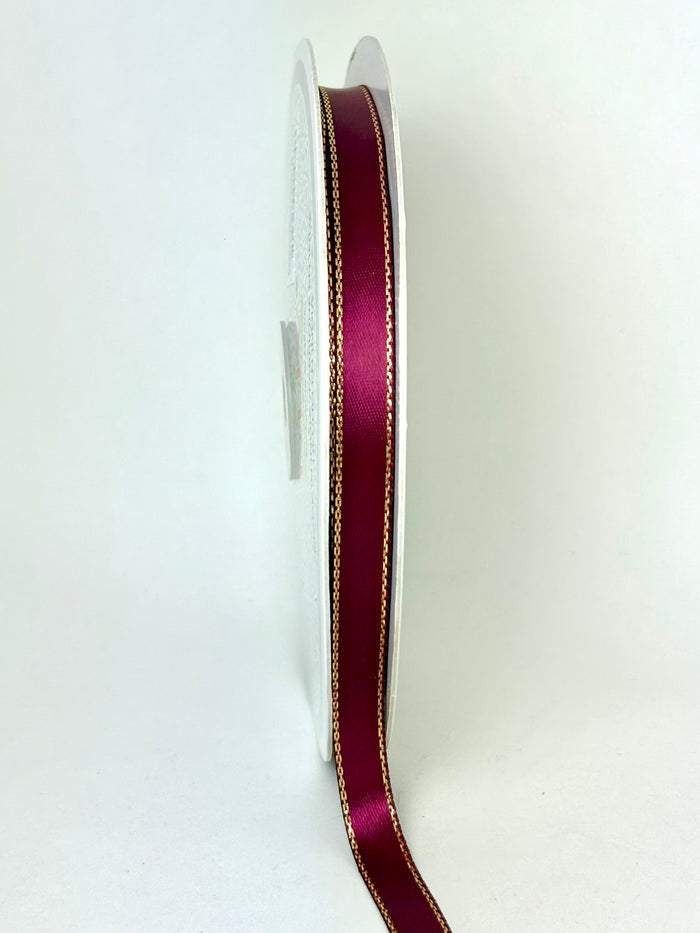 3/8" Double Face Satin Ribbon with Gold Edge Burgundy 50 Yards