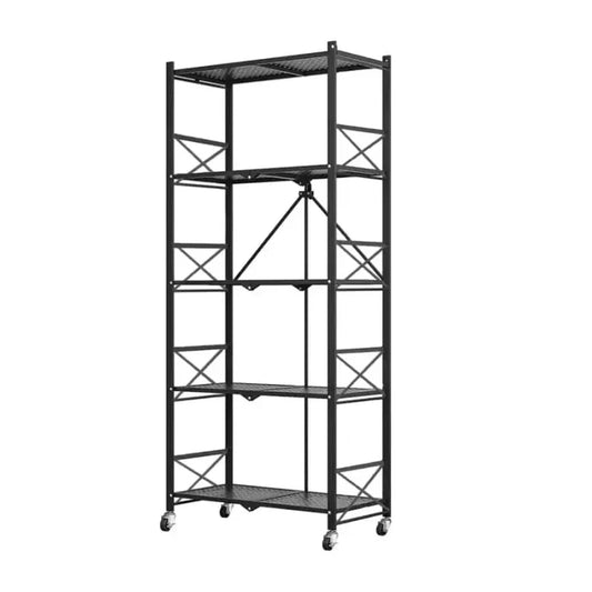 5 Tier Steel Black Foldable Shelves with Wheels (Style 2)
