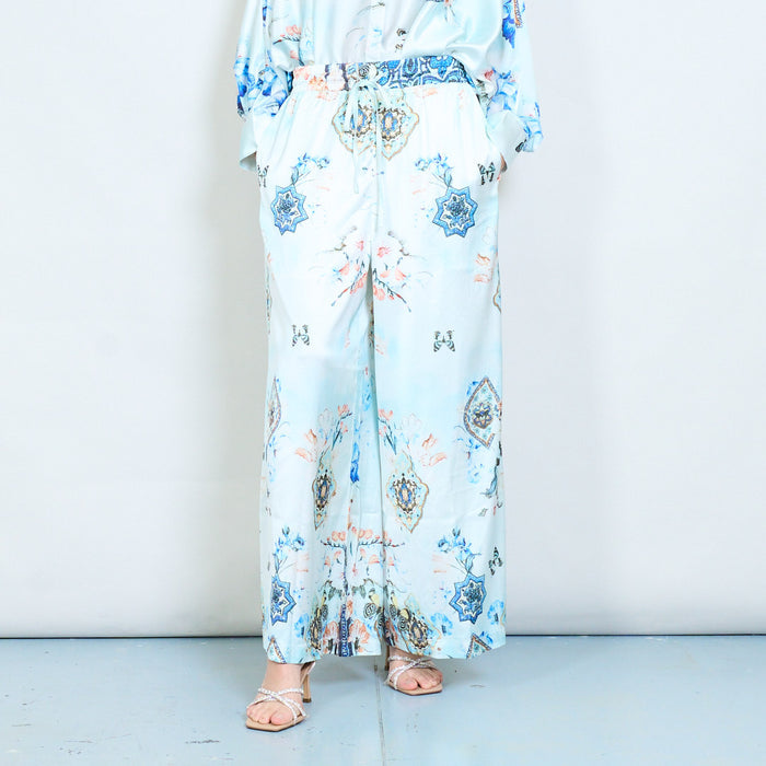 Abstract floral baroque printed wide leg elastic waist trousers wholesale