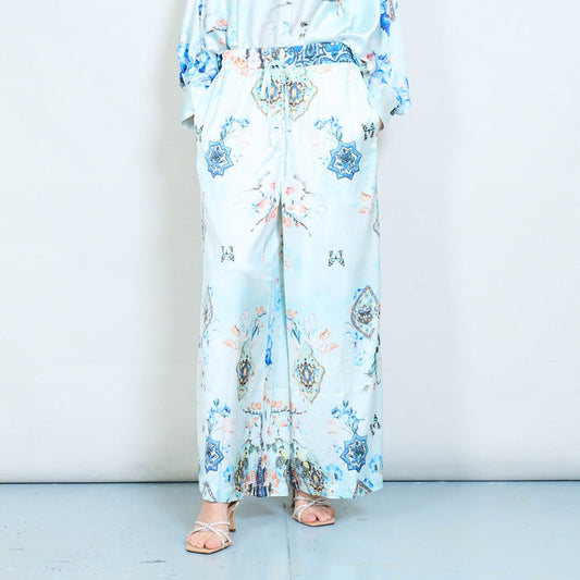 Abstract floral baroque printed wide leg elastic waist trousers wholesale