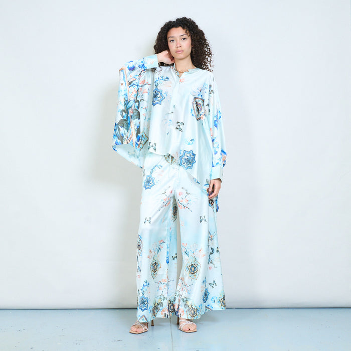Abstract floral baroque printed wide leg elastic waist trousers wholesale