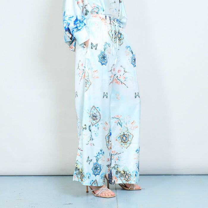 Abstract floral baroque printed wide leg elastic waist trousers wholesale