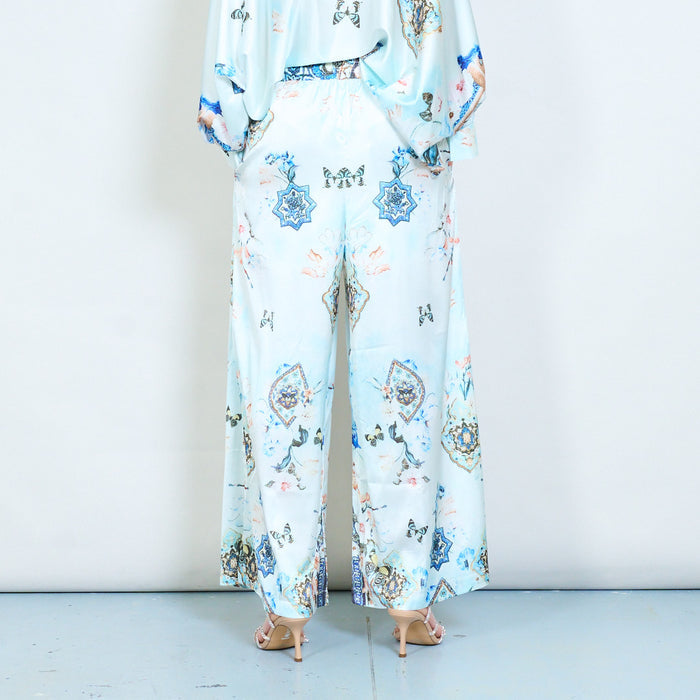 Abstract floral baroque printed wide leg elastic waist trousers wholesale
