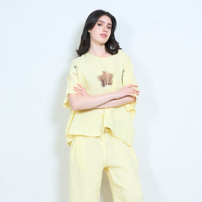 Abstract leaf patch detail oversized relaxed short sleeve top wholesale