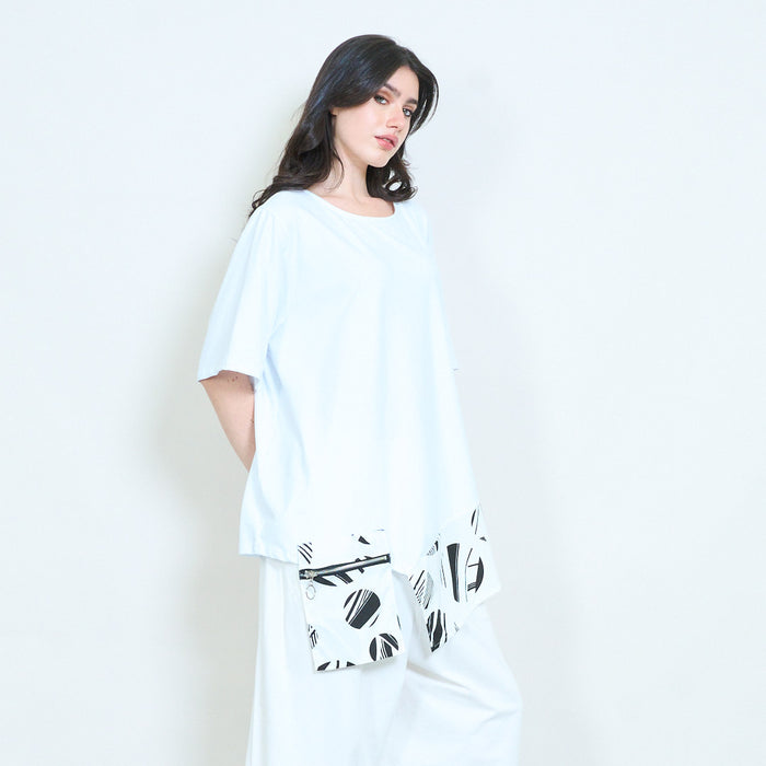 Abstract printed contrast panel asymmetrical hem loose fit round neck tunic top wholesale