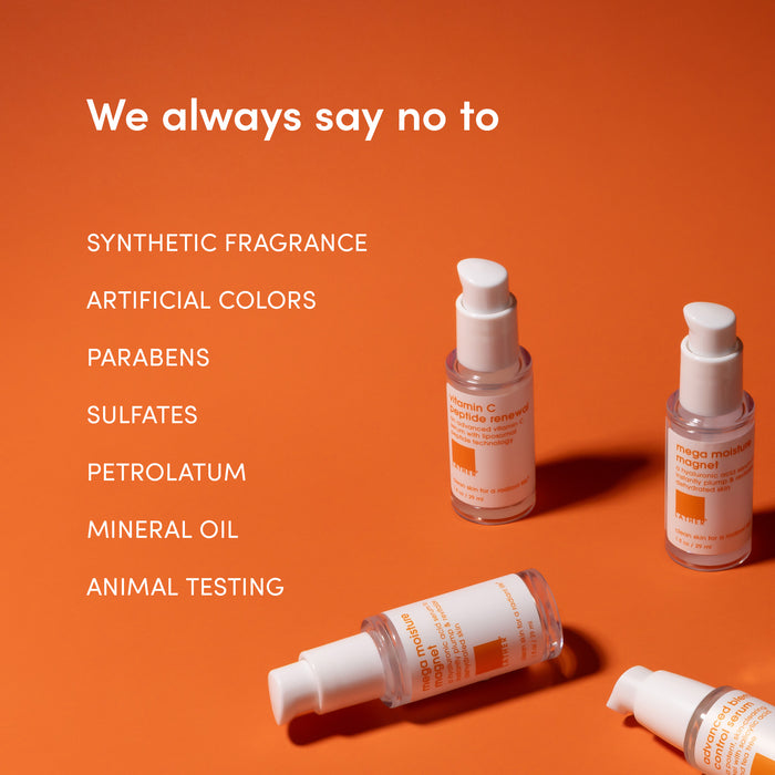 multiple white bottles on orange background with array of words to the left.