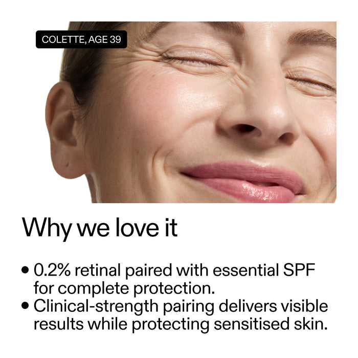 Close-up of a woman's face with text about skincare product features.