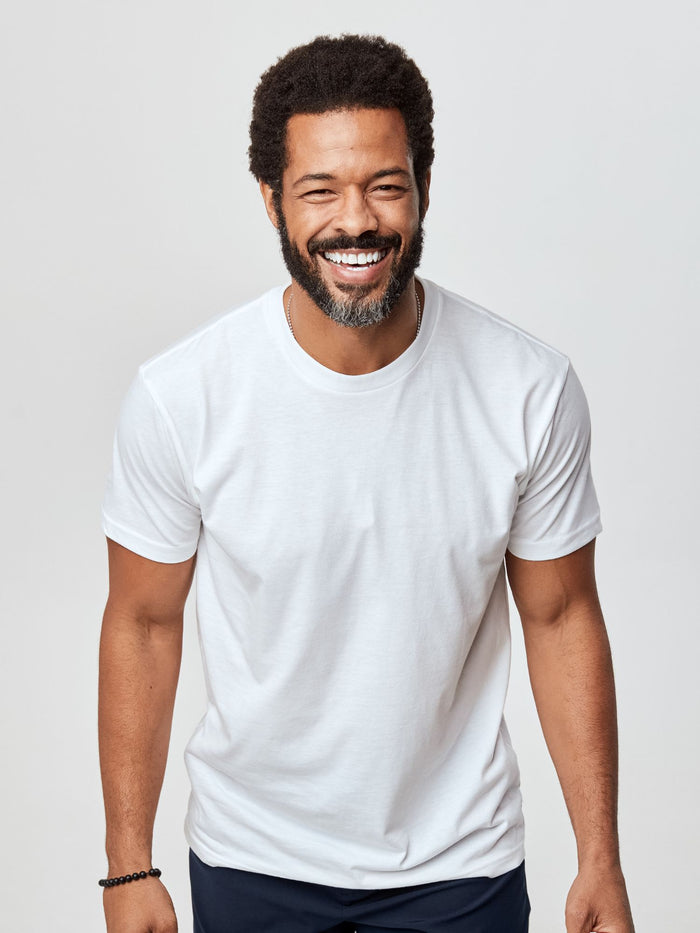 Jarrett is 6', 168lbs and wears a size M # White Tee 3-Pack | Fresh Clean Threads