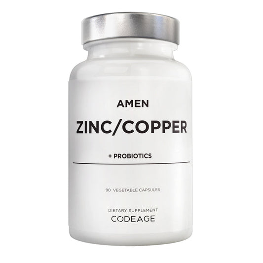 A white bottle labeled Amen Zinc Copper with Probiotics by Codeage, containing 90 vegetarian capsules with zinc picolinate and probiotics, is shown as a dietary supplement against a plain white background.