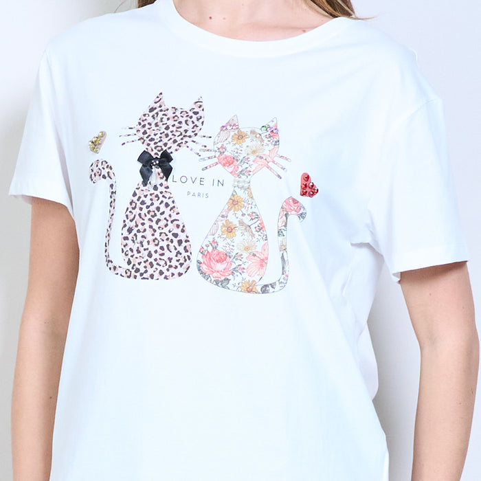 Animalia edit floral and leopard cat graphic "Love in Paris" printed t shirt wholesale