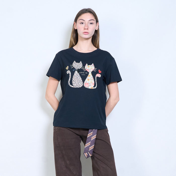 Animalia edit floral and leopard cat graphic "Love in Paris" printed t shirt wholesale