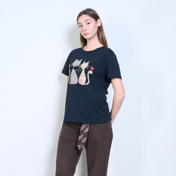 Animalia edit floral and leopard cat graphic "Love in Paris" printed t shirt wholesale