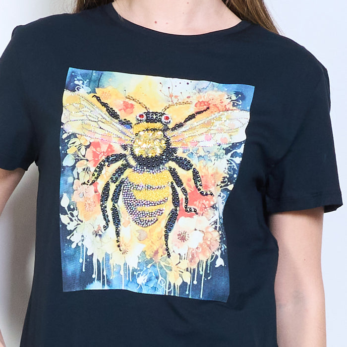 Animalia edit rhinestones embellished bee floral art graphic printed t shirt wholesale