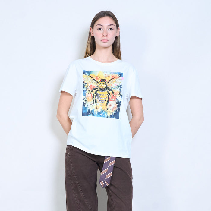 Animalia edit rhinestones embellished bee floral art graphic printed t shirt wholesale
