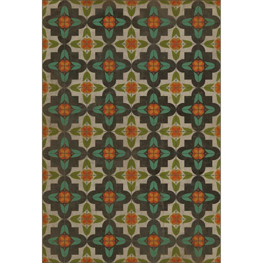Nonslip Anna's Garden Vinyl Rug - Pattern 33 with repeating orange and yellow flowers on a gray background by Spicher and Company.