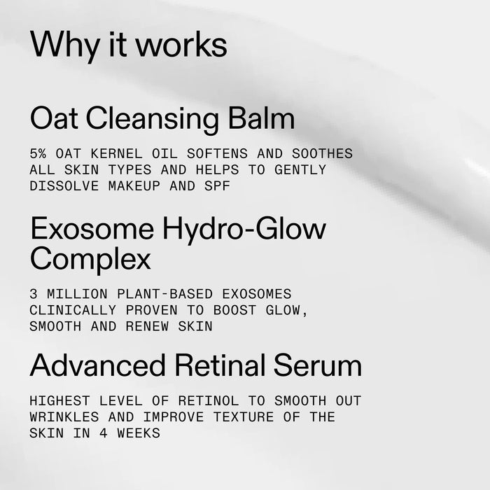 Text description of skincare product ingredients and benefits on a white background