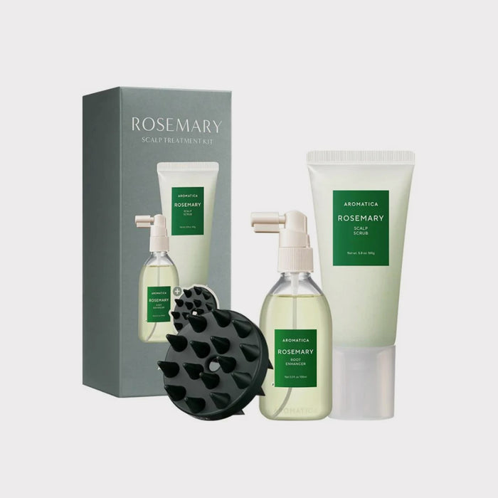 Aromatica Rosemary Scalp Treatment Kit Korean hair care for dandruff, oily roots, and thinning; scalp scrub, scalp root spray and hair massage scalp shampoo brush