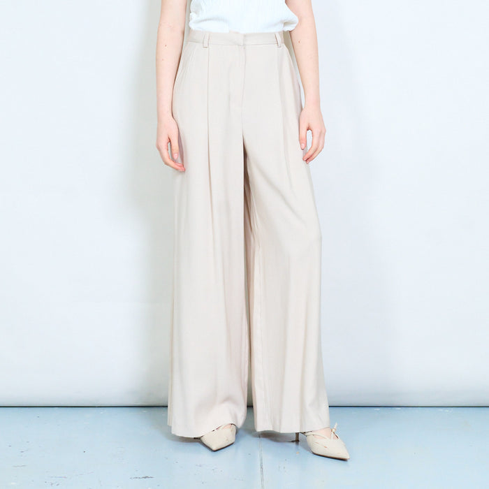 Asymmetric button waistband pleated straight leg trouser wholesale