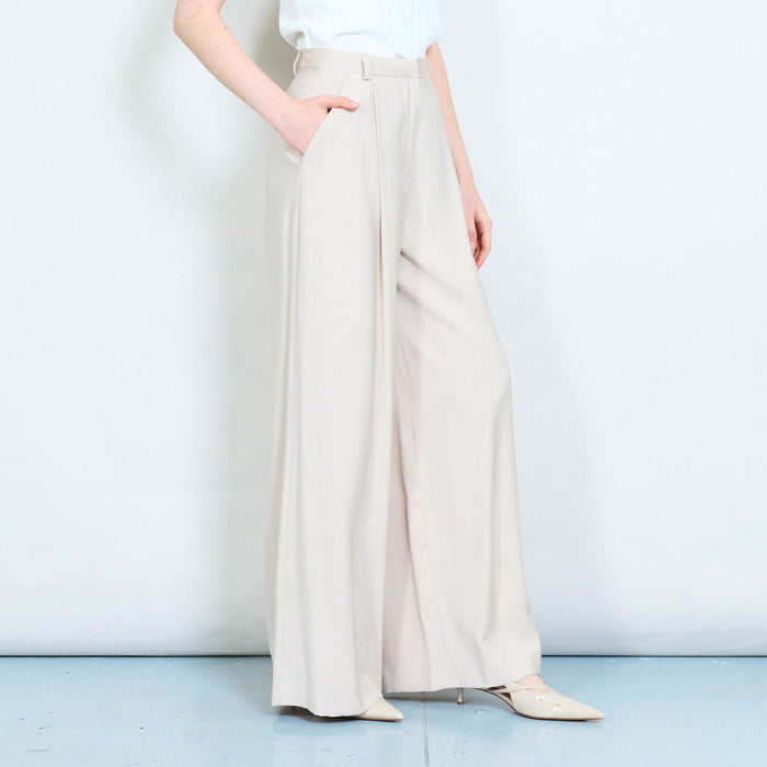 Asymmetric button waistband pleated straight leg trouser wholesale