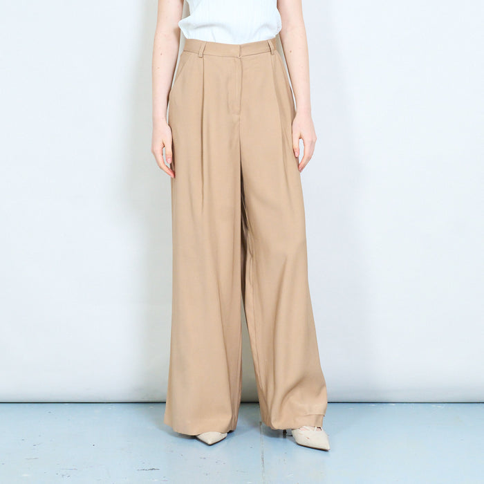 Asymmetric button waistband pleated straight leg trouser wholesale