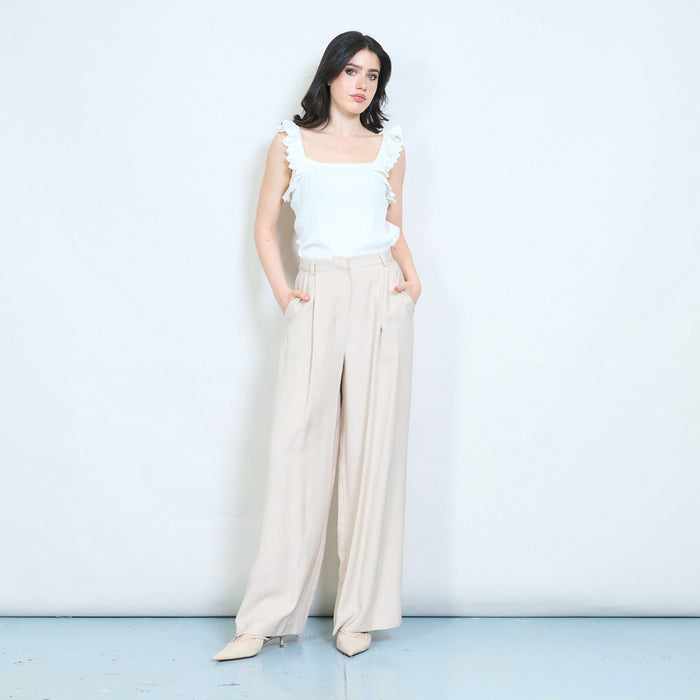 Asymmetric button waistband pleated straight leg trouser wholesale