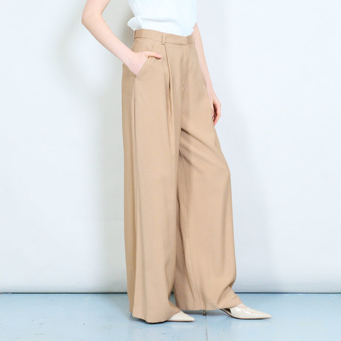 Asymmetric button waistband pleated straight leg trouser wholesale