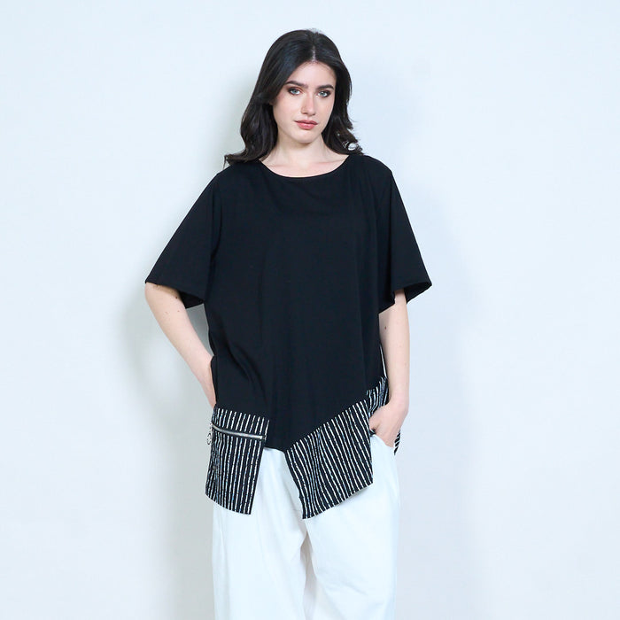 Asymmetrical contrast panel striped hem loose fit round neck tunic top wholesale
