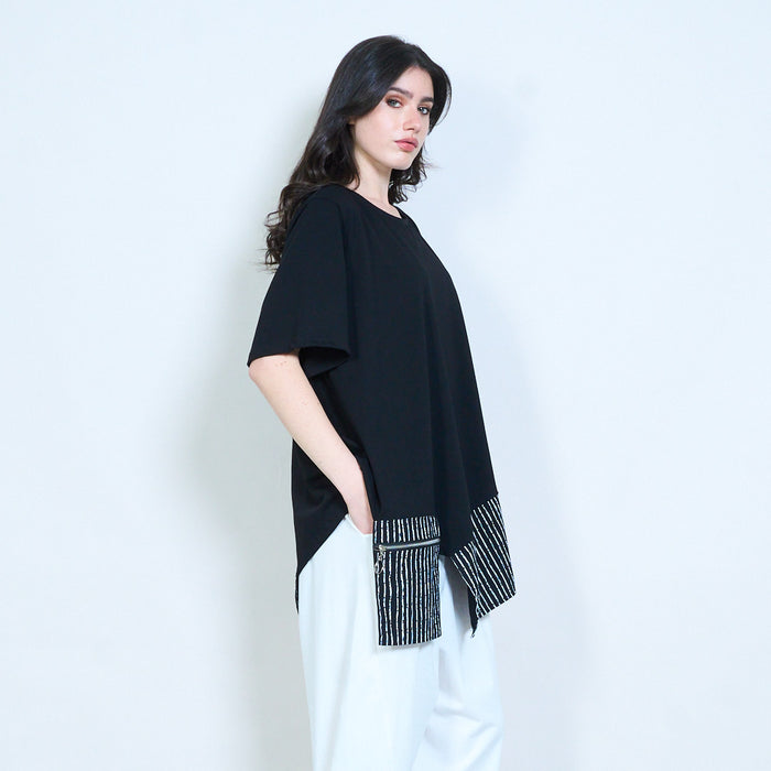 Asymmetrical contrast panel striped hem loose fit round neck tunic top wholesale